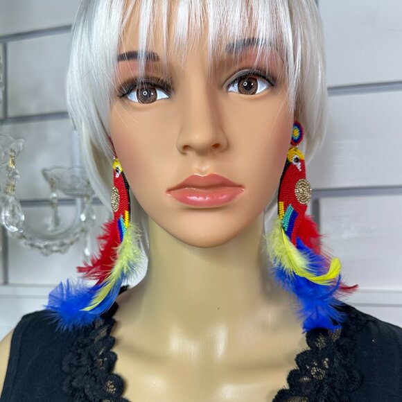 Colorful Bead and Feather Parrot Earrings pierced - Picture 5 of 5